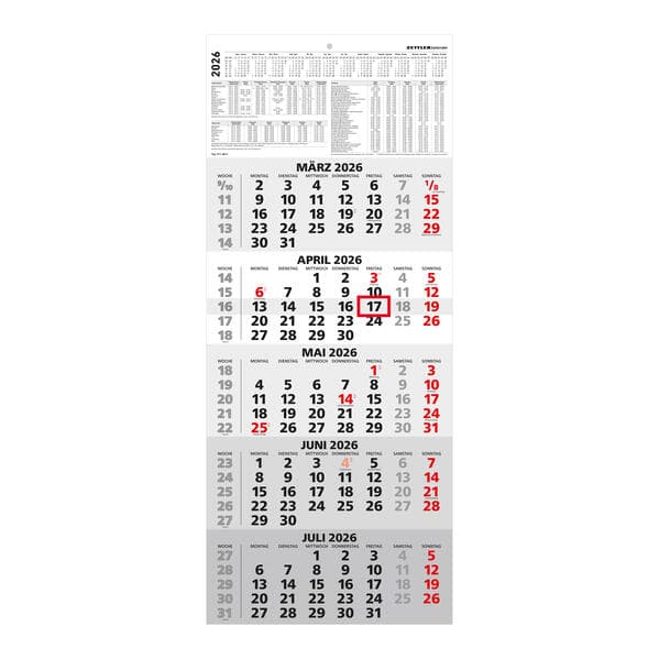 5-Monatskalender 2026 - Büro-Kalender 30x58 cm (geöffnet) - mit Datumsschieber - Zettler - 971-0011