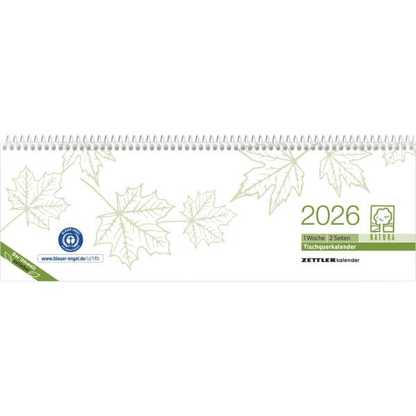 Tischquerkalender Recycling 2026 - 29,6x9,9 - 1 Woche auf 2 Seiten - Blauer Engel - Kalender aus Recyclingpapier - Stundeneinteilung 7 - 19 Uhr - 116-0700