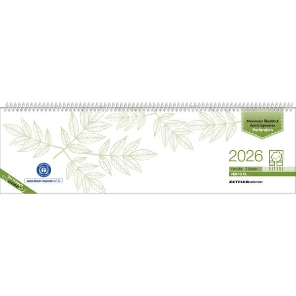 Tischquerkalender Perfo XL Recycling 2026 - 36,2x10,6 cm - 1 Woche auf 2 Seiten - Stundeneinteilung 7 - 20 Uhr - jeder Tag einzeln abtrennbar - 136-0700