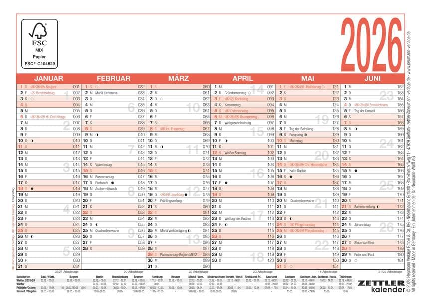 Zettler Arbeitstagekalender A6 2026 - Bürokalender kompakt 15 × 11 cm, 6 Monate pro Seite, Arbeitstage-, Tages- & Wochenzähler, Ferienübersicht, Feiertage, Mondphasen, FSC, Kartoneinband