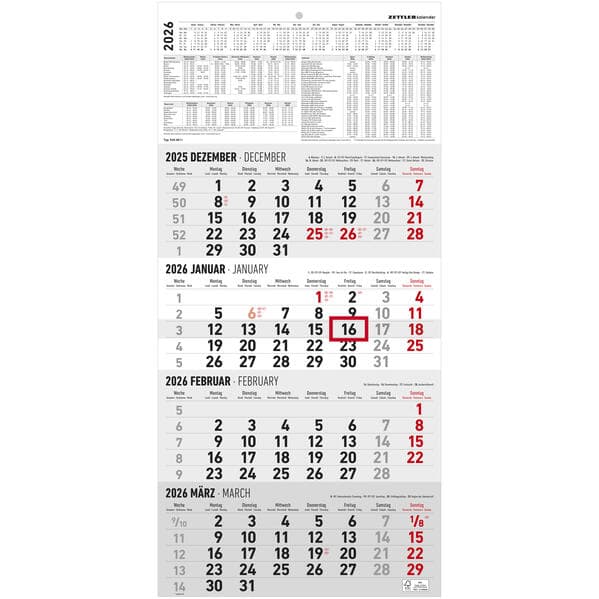 4-Monatskalender 2026 - Büro-Kalender 30x49 cm (geöffnet) - mit Datumsschieber - Zettler - 960-0011