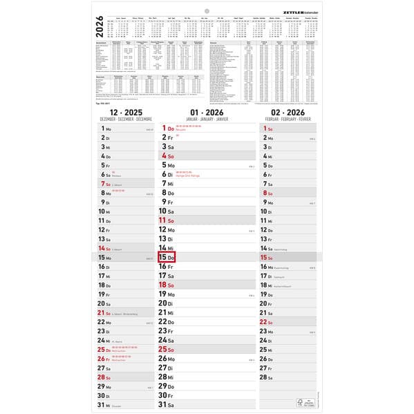 3-Monatskalender Streifenplaner 2026 - Büro-Kalender 33x58,8 cm (geöffnet) - mit Datumsschieber - Zettler - 955-0011