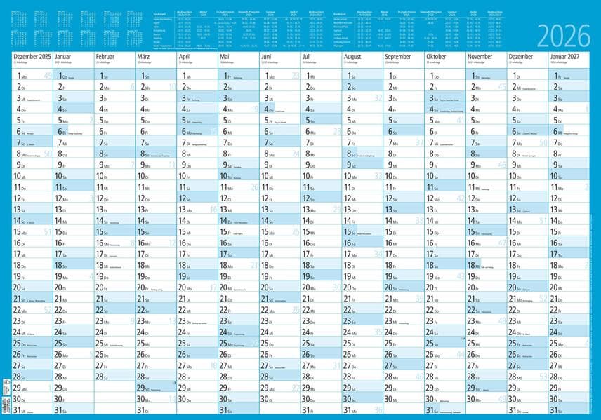 Jahresplaner 14 Monate foliert 2026 - Plakat-Kalender 86x61 cm - abwischbar - Ferienübersicht - Arbeitstagezählung - Zettler