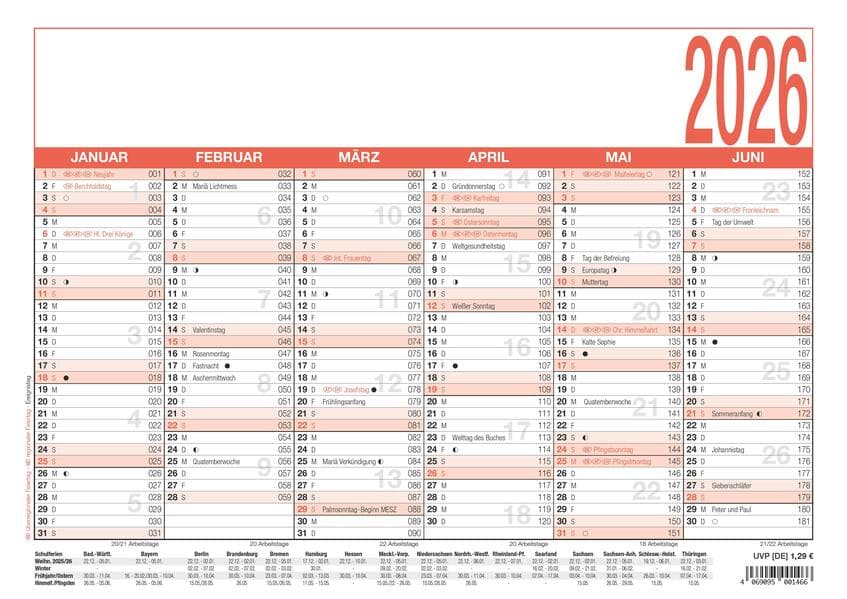 Arbeitstagekalender 2026 - A4 (29,7 x 21 cm) - 6 Monate auf 1 Seite - Tafelkalender - Plakatkalender
