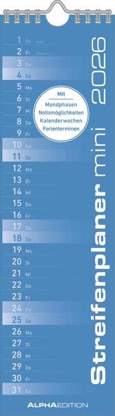 Streifenplaner Mini BLAU 2026 - Streifenkalender - Wandplaner - Küchen-Kalender - 9,5x33