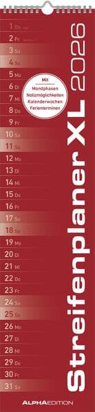 Streifenplaner XL ROT 2026 - Streifenkalender 15x64 cm - Wandplaner - Küchenkalender - schmales Design - eine Spalte - Langplaner