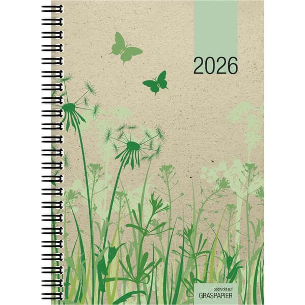 Wochenbuch Graspapier 2026 - 13,7x19,6 cm - 1 Woche auf 2 Seiten - robuster Kartoneinband - Wochenkalender - Noitzheft - 759-0640