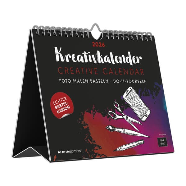 Kreativ-Kalender Tischaufsteller quer schwarz 2026 - Kreativ-Kalender - DIY-Kalender - Kalender zum Basteln - Tischkalender - 20x16