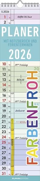 Planer Farbenfroh 2026 - Streifen-Kalender 11,3x49x5 cm - Küchenkalender - Wandplaner - Alpha Edition