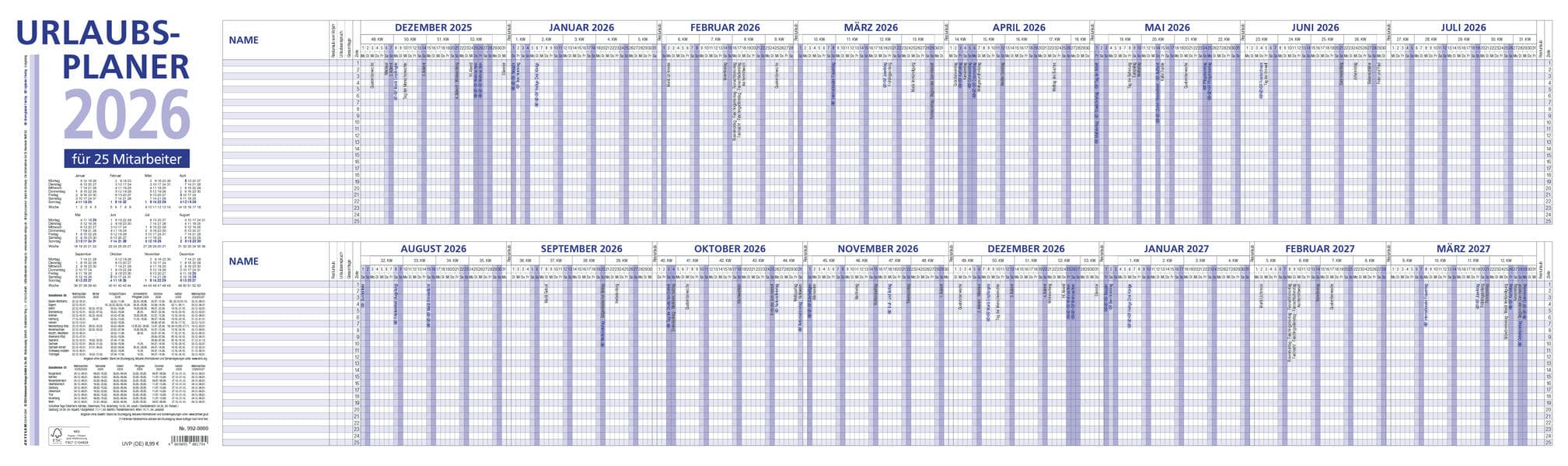 Urlaubsplaner 2026 100x29,7 - 16 Monate- Wandplaner - gefalzt - für 25 Personen - 992-0000