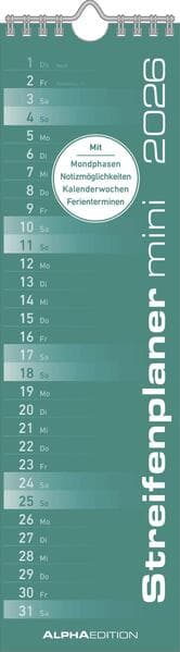 Streifenplaner Mini Mint 2026 - Streifen-Kalender 9,5x33 cm - Küchenkalender - Wandplaner - Alpha Edition