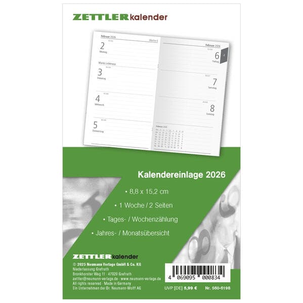 Zettler Kalenderersatzeinlage TP 1W/2S 2026 Ersatzkalendarium 9 × 15 cm für Taschenplaner Typ 560, 112 Blatt, 1 Woche auf 2 Seiten, Sonn- & Feiertage markiert, geheftet, FSC-zertifiziert