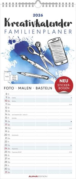 Kreativ-Kalender Familienplaner 2026 - 5 Spalten - 19,5x45 cmFoto, Malen, Basteln - datiert - Kreativkalender - Foto-Kalender - Familienkalender - Wandkalender - Alpha Edition