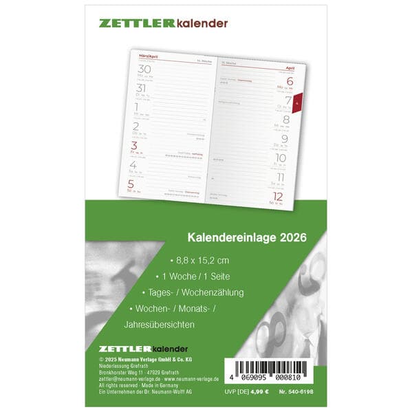 Zettler Kalenderersatzeinlage TP 1W/1S 2026 - Ersatzkalendarium 9 × 15 cm für Taschenplaner Typ 540,