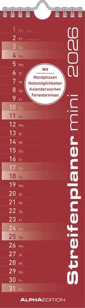 Streifenplaner Mini Rot 2026 - Streifen-Kalender 9,5x33 cm - Küchenkalender - Wandplaner - Alpha Edition