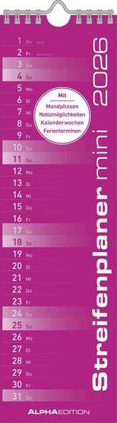 Streifenplaner Mini PINK 2026 - Streifenkalender - Wandplaner - Küchen-Kalender - 9,5x33