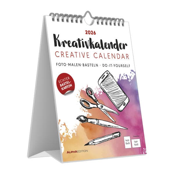 Kreativ-Kalender Tischaufsteller hoch weiß 2026 - 16 x 20 - Foto, Malen, Basteln A4 - datiert - Kreativkalender - Foto-Kalender - Alpha Edition