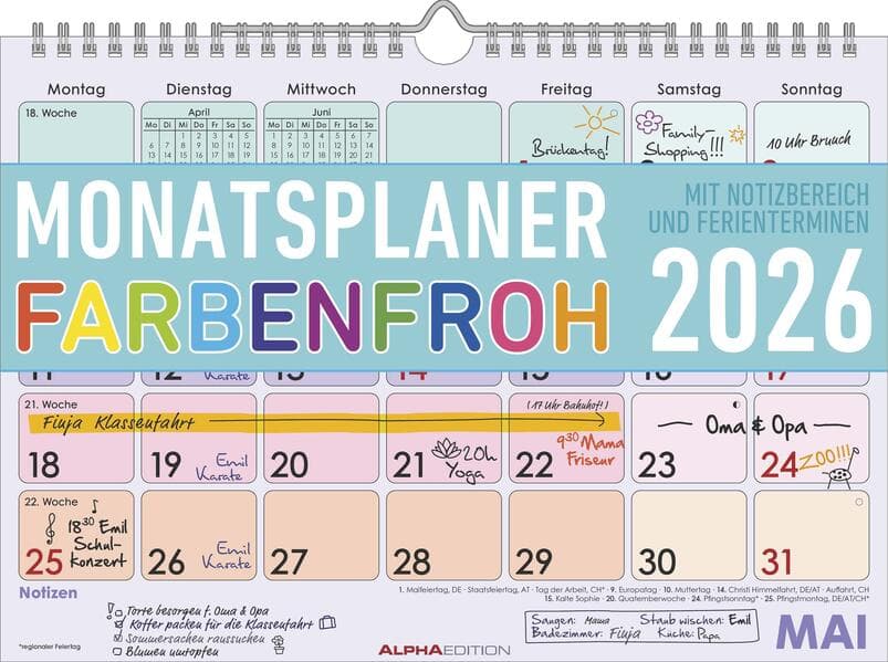Monatsplaner Farbenfroh 2026 29,7x21 1M/1S