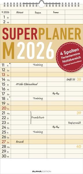 Superplaner M 2026 4 Spalten - Familien-Timer 22x45 cm - Offset-Papier - mit Ferienterminen - Wand-Planer - Familienkalender - Alpha Edition