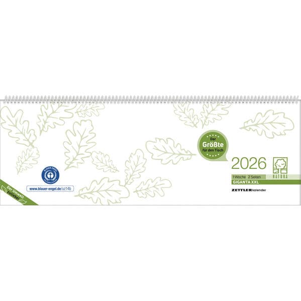 Tischquerkalender Giganta XXL Recycling 2026 - 42,2x14,8 cm - 1 Woche auf 2 Seiten - Bürokalender - Stundeneinteilung 7 - 22 Uhr - 126-0700