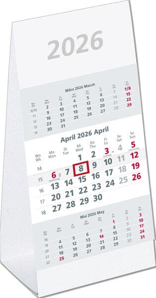 3-Monats-Aufstellkalender 2026 - 10,5x14,5 cm - 3 Monate auf 1 Seite - mit Kopftafel und Datumsschieber - Mehrmonatskalender - 980-0000