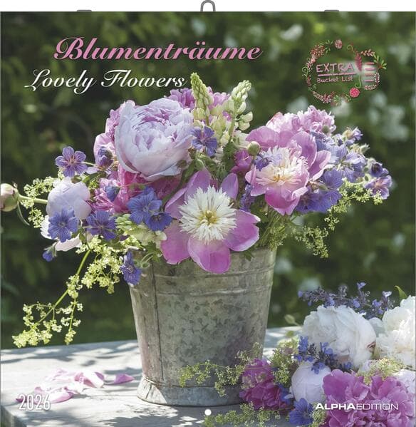 Alpha Edition - Blumenträume 2026 Broschürenkalender, 30x30cm, Wandkalender mit Platz für Notizen und Termine, hochwertige Bildmotive, Mondphasen, Monatsübersicht und Ferientermine DE/AT/CH