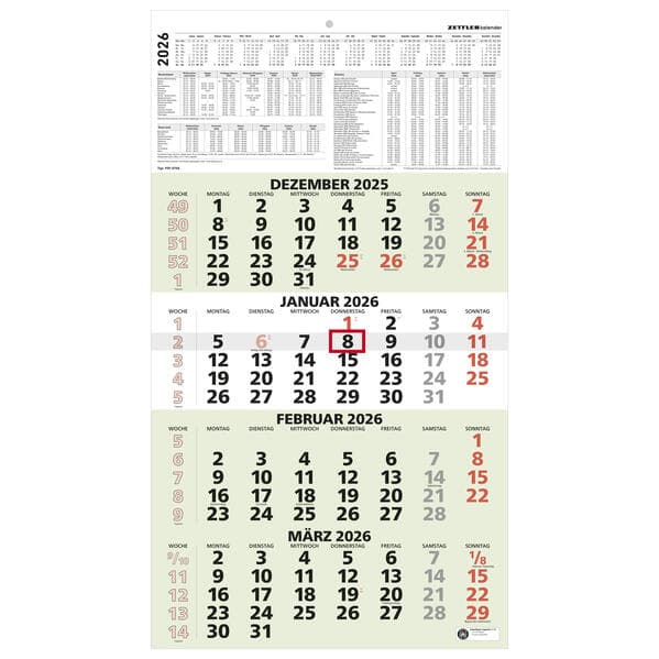 4-Monatskalender Recycling 2026 - 33x45 cm - mit Kopftafel und Datumsschieber - Blauer Engel - Mehrmonatsplaner - 959-0700