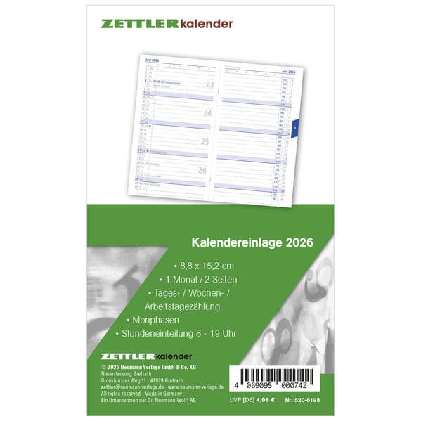 Zettler Kalenderersatzeinlage TP 1M/2S 2026 - Ersatzkalendarium 9 × 15 cm für Taschenplaner Typ 520,
