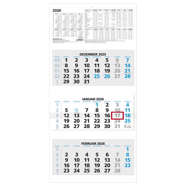 3-Monatskalender 2026 - 33,5x71 blau - mit Kopftafel - Datumsschieber - 5 sprachig - 3 Blöcke - 953-0015
