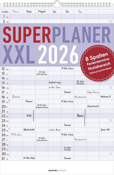 Superplaner XXL 2026 8 Spalten - Timer 33x49,5 cm - Offset-Papier - mit Ferienterminen - Wand-Planer - Alpha Edition
