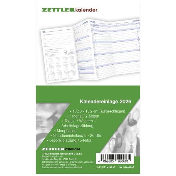 Zettler Kalenderersatzeinlage TP 1M/2S Leporello 2026 - Ersatzkalendarium 9 × 15 cm für Taschenplane