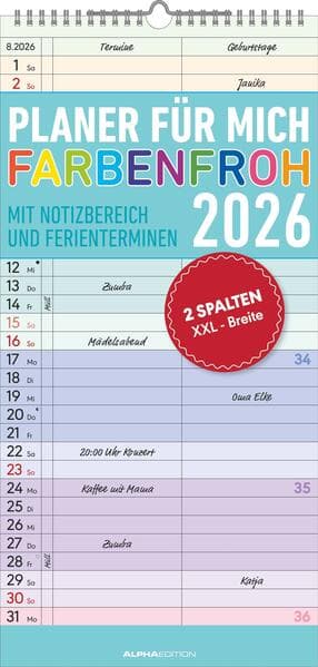 Planer für mich Farbenfroh 2026 - Familien-Timer 22x45 cm - mit Ferienterminen - Wand-Planer - mit vielen Zusatzinformationen - Alpha Edition