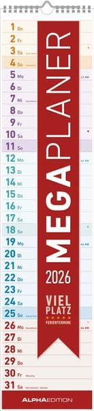 Megaplaner 2026 - Streifen-Kalender 15x64 cm - mit Ferienterminen - viel Platz für Notizen - Wandplaner - Küchenkalender - Alpha Edition