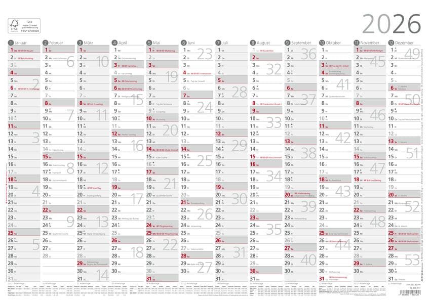 Jahresübersicht A3 12 Monate 1 Stk. plano 2026 - 42x29,7 cm - gerollt - mit Arbeitstage- und Wochenzählung - Posterkalender - Jahresplaner - 939-6111