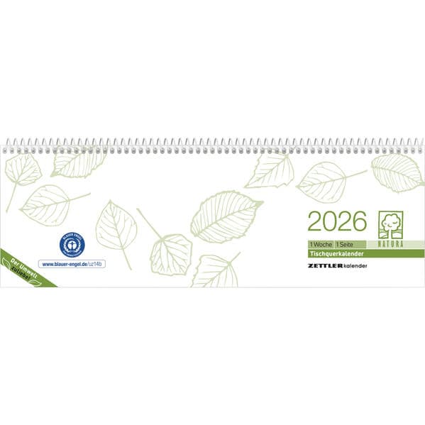Zettler Tischquerkalender 1W/1S Blauer Engel Recycling 2026 - Wochenkalender 30 × 10 cm, 1 Woche auf 1 Seite, FSC & Blauer Engel zertifiziert, nachhaltiger Bürokalender mit Stundeneinteilung 7-19 Uhr