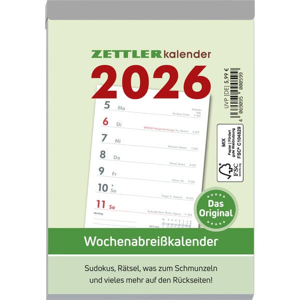 Wochenabreißkalender 2025 - 10,5x14,6 cm - 1 Woche auf 1 Seite - mit Sudokus, Rezepten, Rätseln uvm. auf den Rückseiten - Bürokalender 325-0000