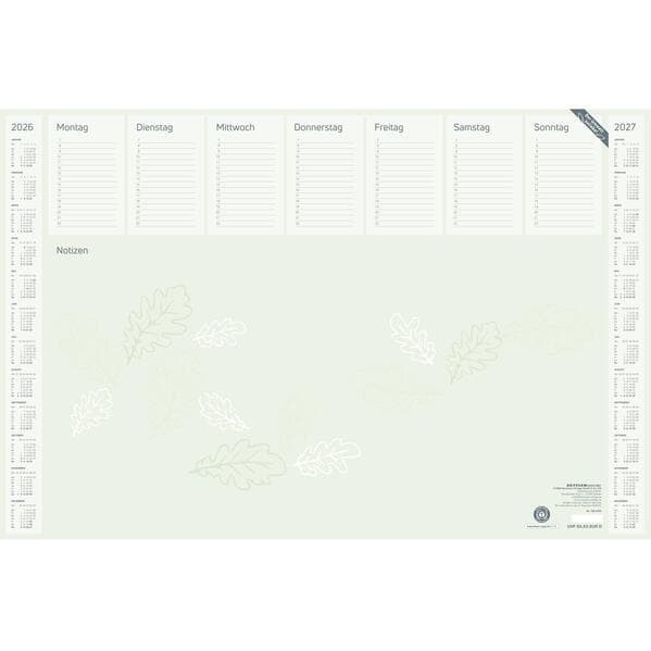 Schreibunterlage Recycling 2026 - 59,5x40 cm - 1 Woche auf 1 Blatt - inkl. Dreijahresübersicht - 35 Blatt, mit stablier Kartonunterlage - 106-0700