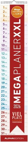 Megaplaner XXL 2026 - Streifen-Kalender 17,5x98 cm - mit Ferienterminen - viel Platz für Notizen - Wandplaner - Küchenkalender - Alpha Edition
