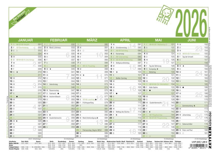 Zettler Arbeitstagekalender A4 Blauer Engel 2026 - Bürokalender groß 30 × 21 cm, 6 Monate pro Seite,