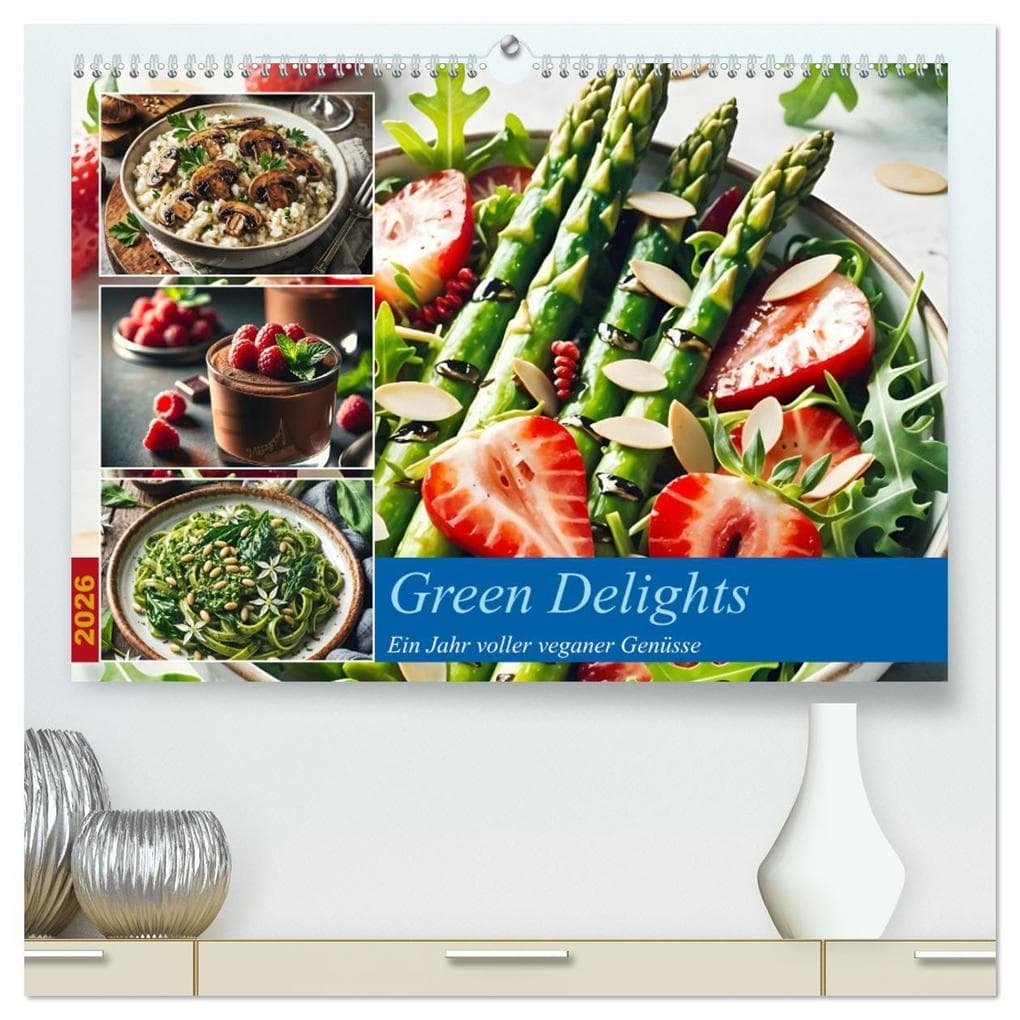 Green Delights - Ein Jahr voller veganer Genüsse (hochwertiger Premium Wandkalender 2026 DIN A2 quer), Kunstdruck in Hochglanz