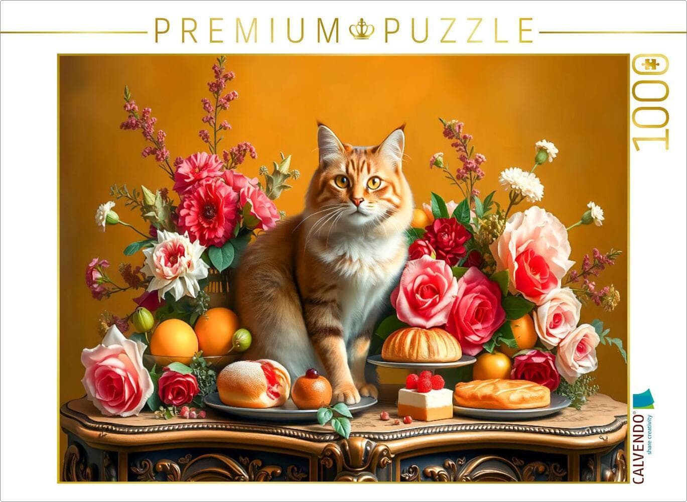 CALVENDO Puzzle Katze auf Tisch mit Blumen und Obst im Stil der Alten Meister | 1000 Teile Lege-Größ