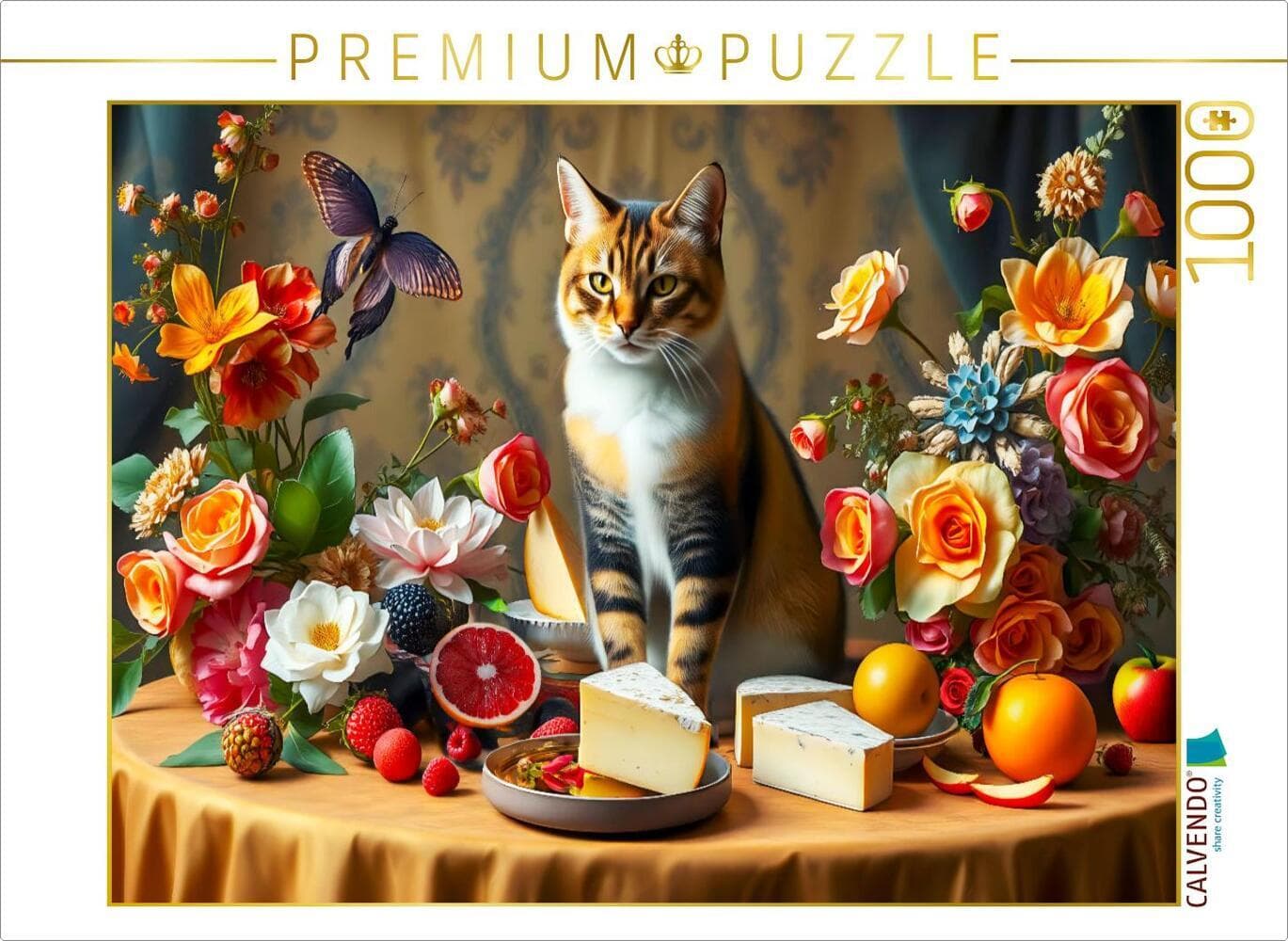 CALVENDO Puzzle Katze auf Tisch mit Blumen und Obst im Stil der Alten Meister | 1000 Teile Lege-Größ