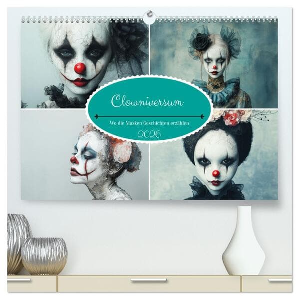 Clowniversum - Wo die Masken Geschichten erzählen (hochwertiger Premium Wandkalender 2026 DIN A2 que