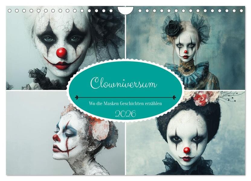 Clowniversum - Wo die Masken Geschichten erzählen (Wandkalender 2026 DIN A4 quer), CALVENDO Monatska