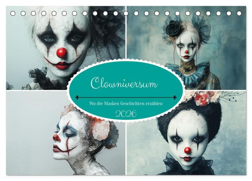 Clowniversum - Wo die Masken Geschichten erzählen (Tischkalender 2026 DIN A5 quer), CALVENDO Monatsk