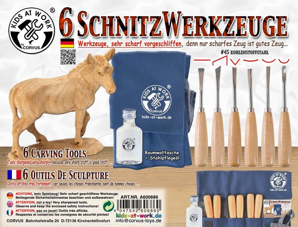 CORVUS A600686 - Kids at Work, Schnitzwerkzeuge 6-tlg. mit Baumwolltasche und Stahlpflegeöl