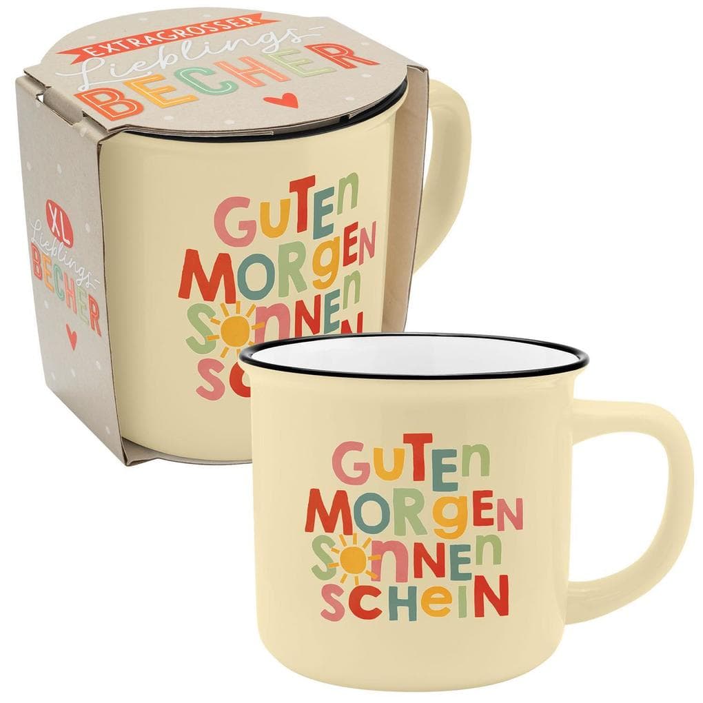 XL-Becher in Emailleoptik mit Motivdruck "Guten Morgen Sonnenschein"