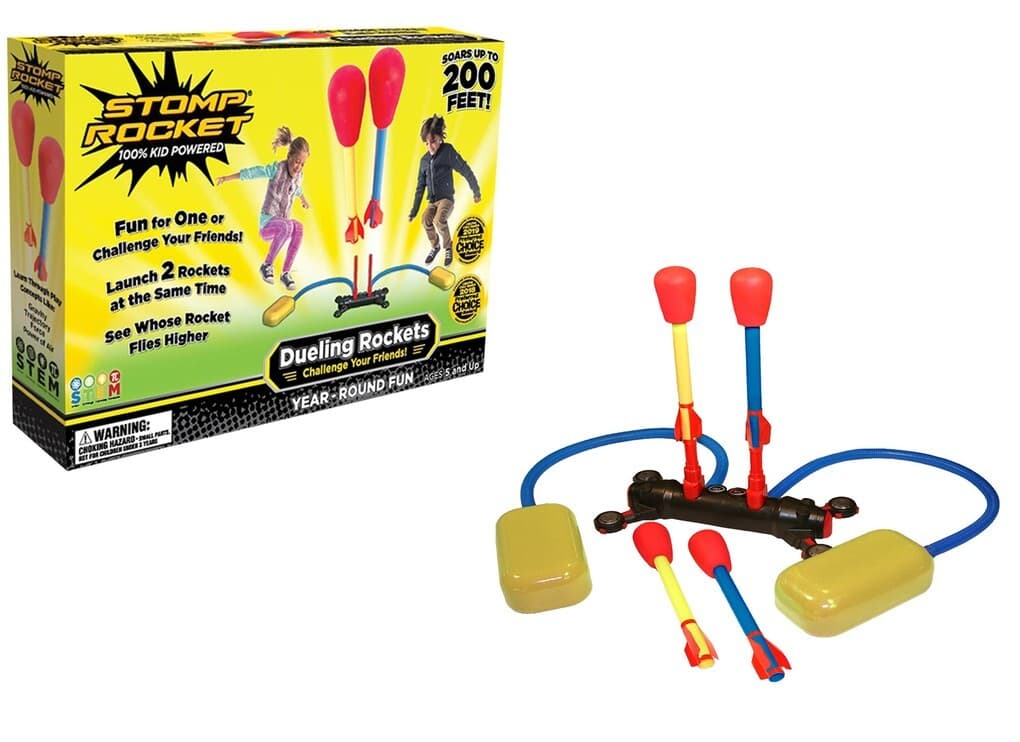 Stomp Rocket 365016 - Stomp Rocket Dueling, Raketen-Wettkampf mit Doppelstartrampe und 4 Raketen