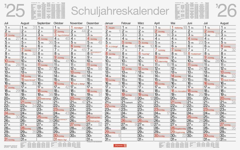 BRUNNEN Schuljahreskalender abwischbar (2025/2026), 1 Seite = 14 Monate
