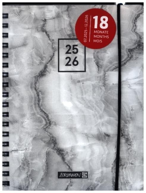 BRUNNEN Schülerkalender (2025/2026) "Grey Marble", 2 Seiten = 1 Woche, A6, 208 Seiten, PP-Umschlag, grau